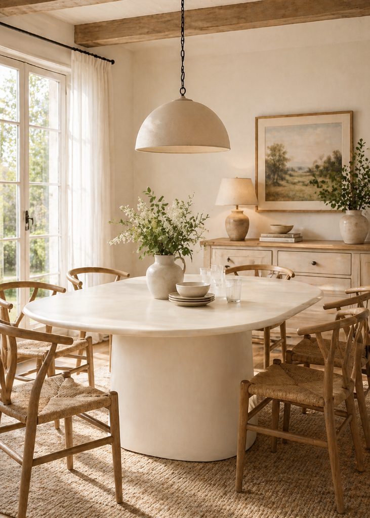 Ovaler Design Esstisch 200 cm in Cremeweiß aus Beton und MDF als stilvoller Blickfang für moderne Esszimmer