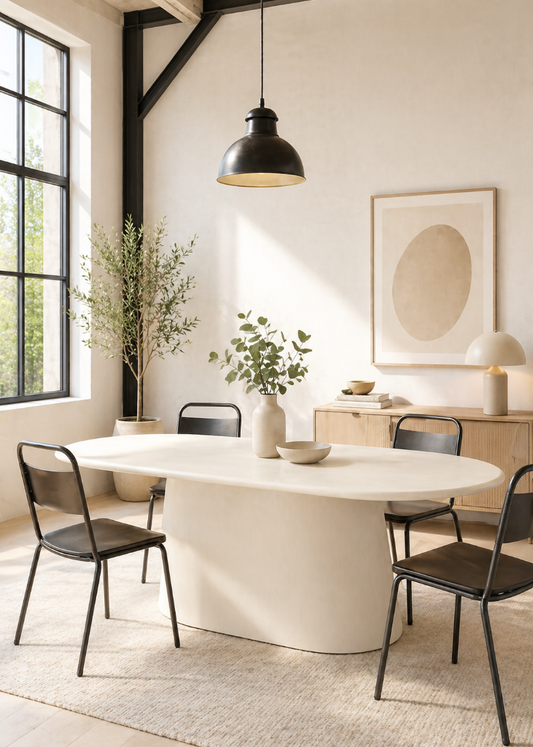 Großer ovaler Esstisch cremeweiß 200 cm mit hochwertiger Betonoptik und elegantem Design für das Esszimmer