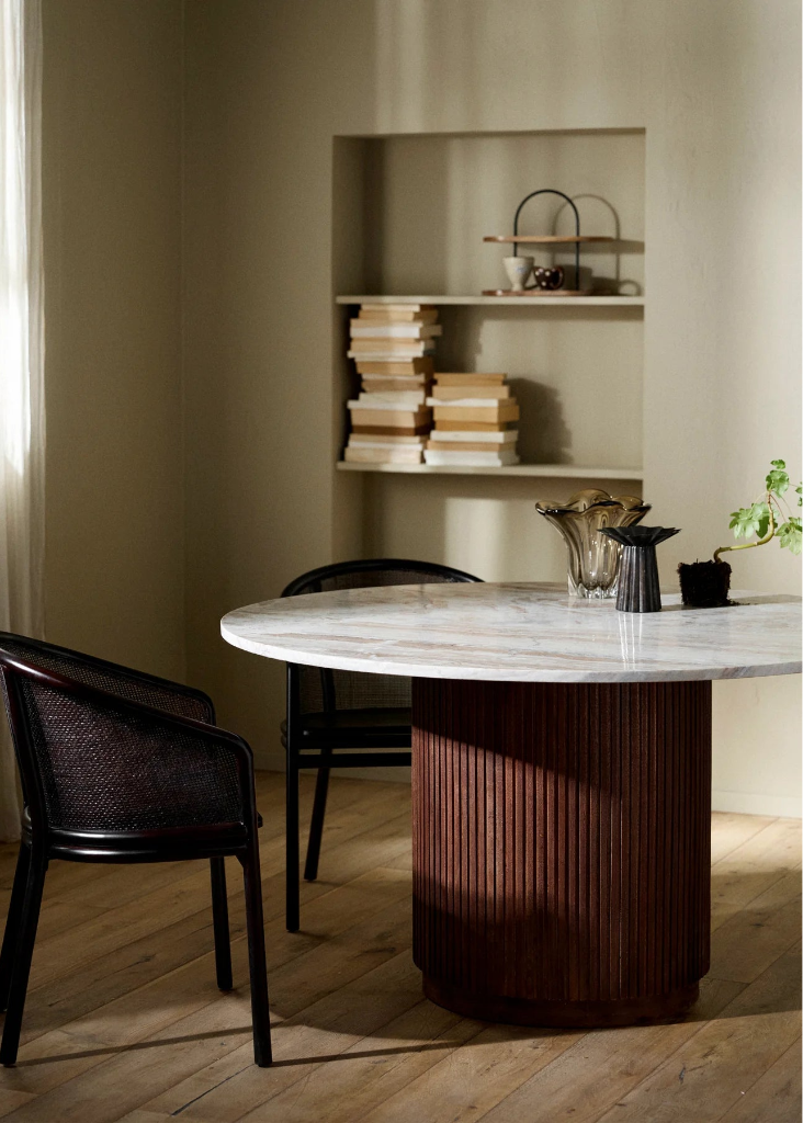 Marmor Esstisch beige RIA rund 140 cm - Beigeton Marmor & Braunes Holz