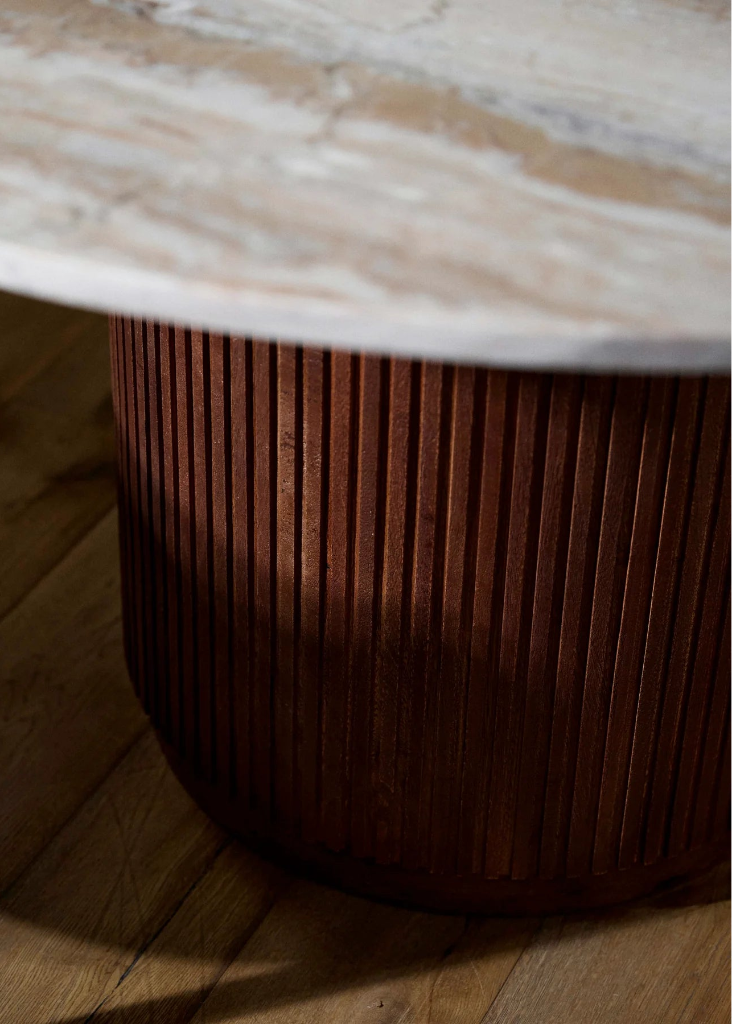 Marmor Esstisch beige RIA rund 140 cm - Beigeton Marmor & Braunes Holz