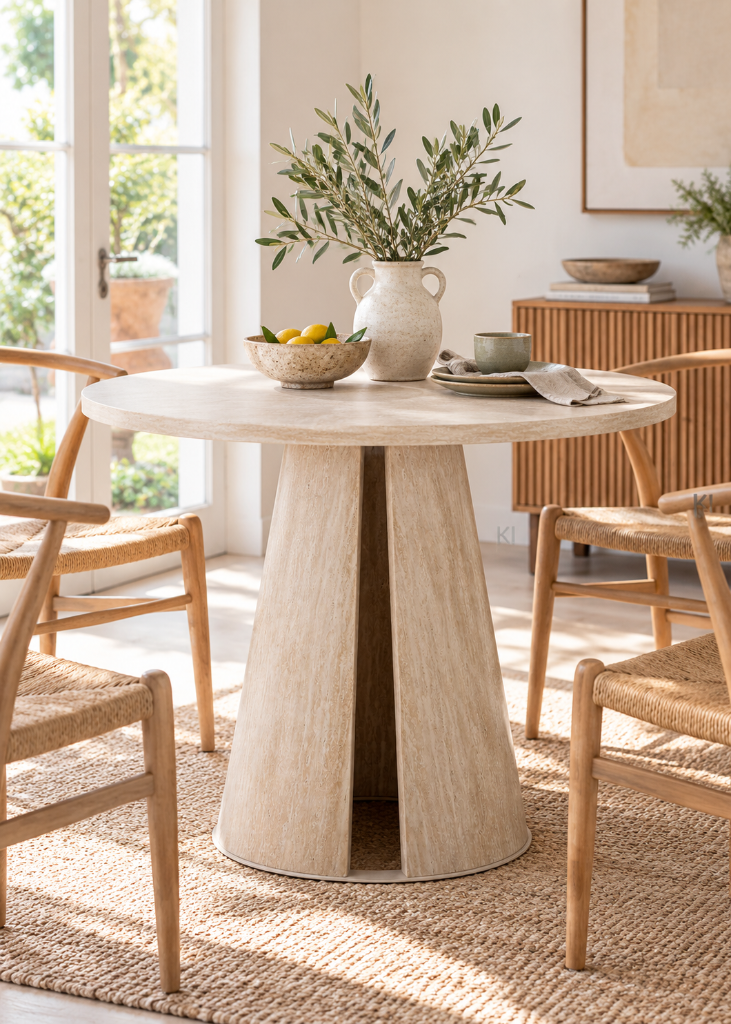 Runder Esstisch Ø 90 cm in Beige mit moderner Travertin-Optik und konischem Sockel.