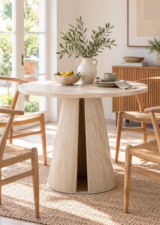 Runder Esstisch Ø 90 cm in Beige mit moderner Travertin-Optik und konischem Sockel.