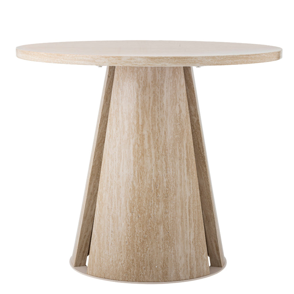 Moderner runder Esstisch in warmem Beige, Ø 90 cm, mit eleganter Oberfläche in Travertin-Look.