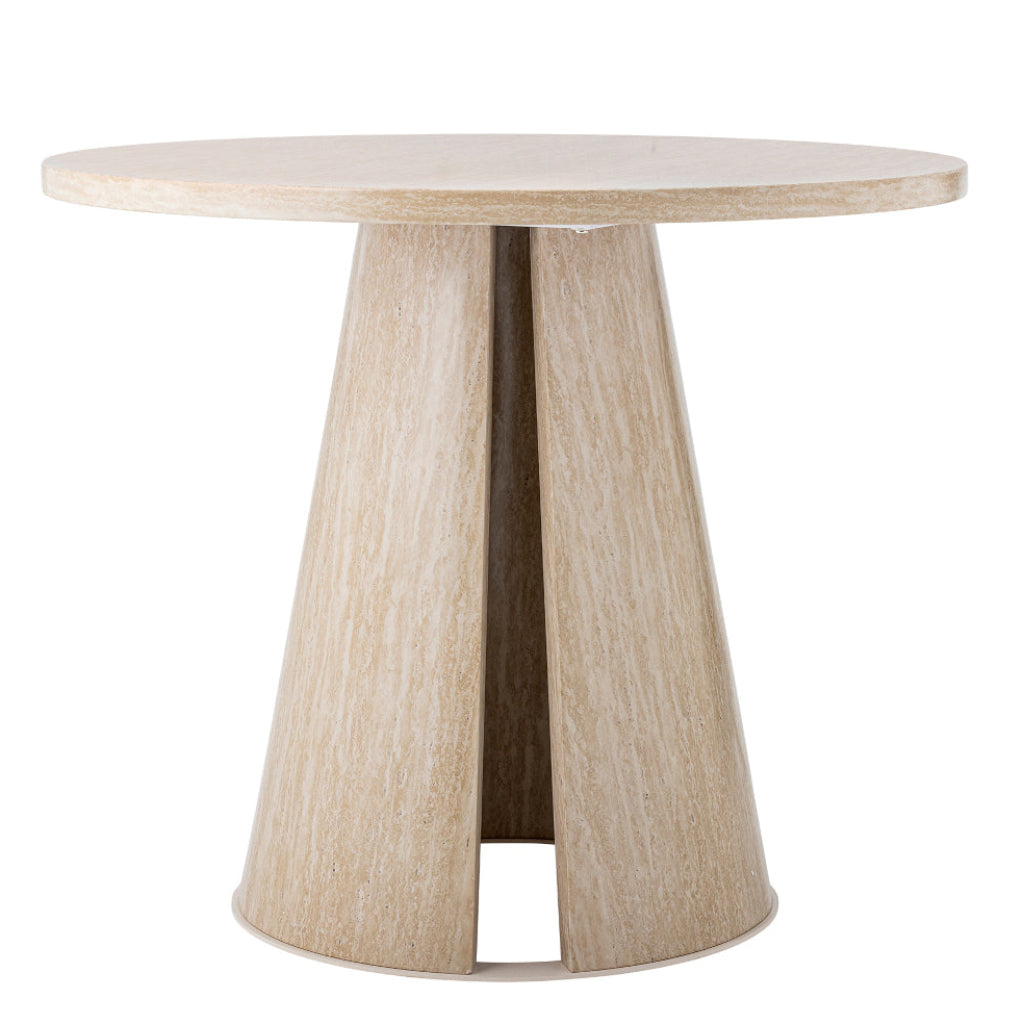 Beiger Esstisch Ø 90 cm aus MDF mit rundem Design und markantem konisch geformtem Tischfuß.
