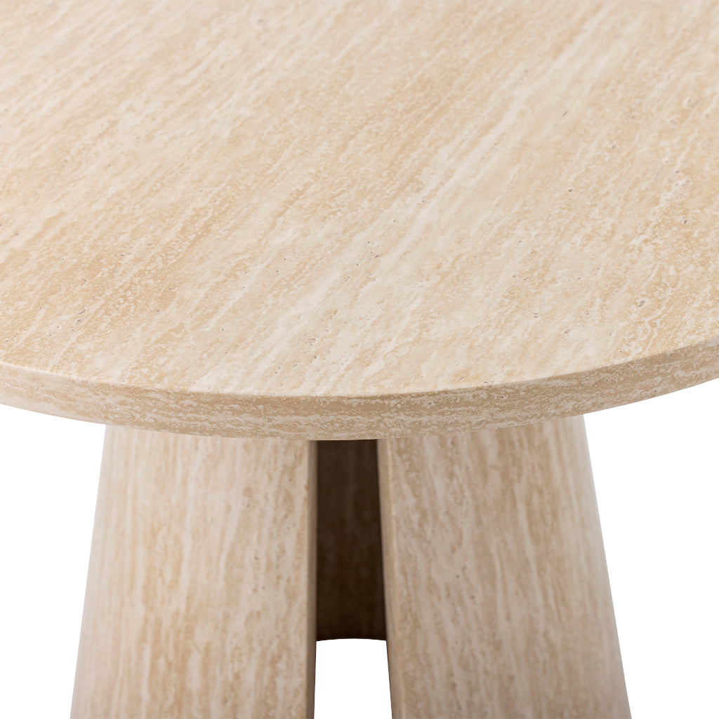 Runder Esstisch in Natur und Beige mit Travertin-Optik für moderne Küche und Esszimmer.