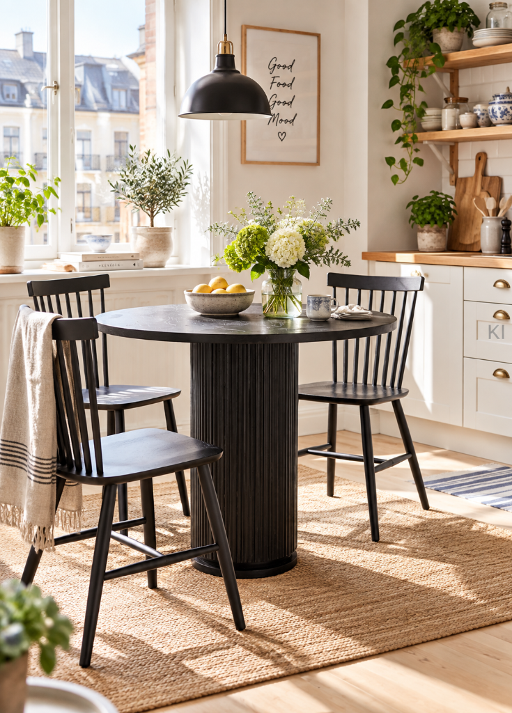 Moderner runder Mangoholz Esstisch in Schwarz mit schwarzen Stühlen, dekoriert in einem freundlichen Bistro im Vintage-Look.