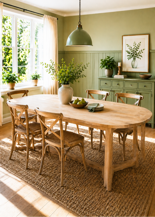 Esstisch TILDA aus massivem Gummibaumholz 200x100 cm in heller Naturfarbe – ovaler Holztisch im modernen Landhausstil für 6 Personen