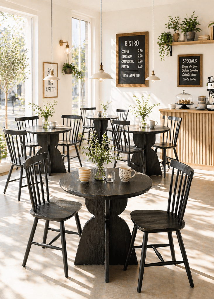Runder Esstisch mit Stühlen TINI in Schwarz mit kunstvollem Säulenfuß und natürlicher Holzstruktur, Bistro Einrichtungen