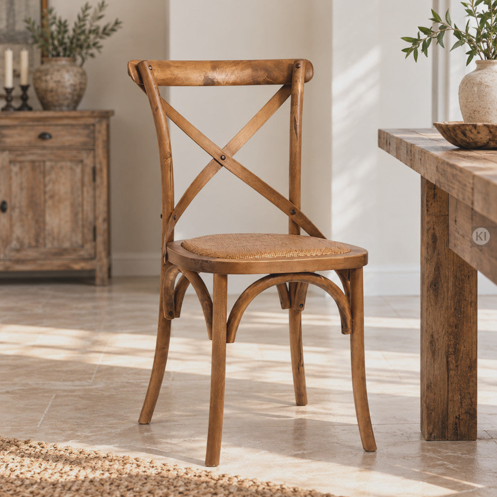 Natürlicher Esszimmerstuhl RITA aus Eiche und Rattan mit bequemer Sitzhöhe von 47 cm