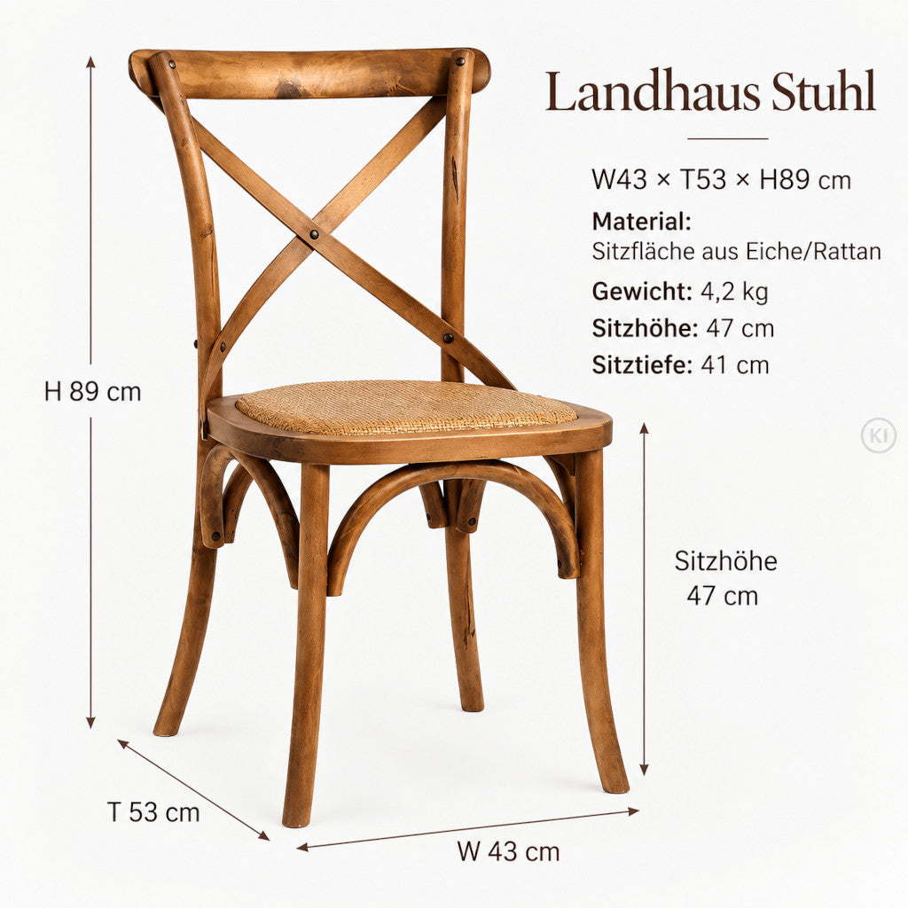 Esszimmerstuhl RITA mit Rattan-Sitzfläche, natürlicher Holzoptik und zeitlosem Landhaus-Design für Zuhause