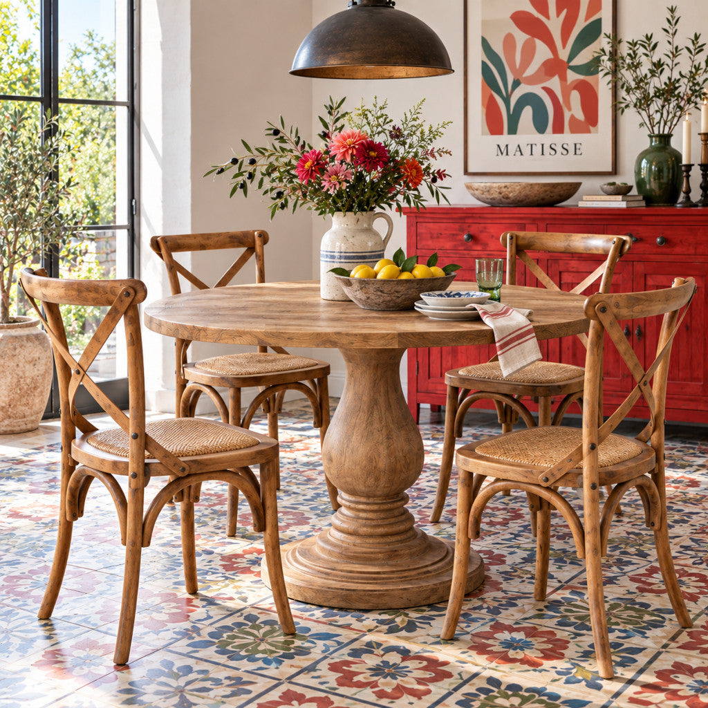 Holzstuhl RITA mit Kreuzlehne und Rattan-Sitzfläche für Landhausküche, Esszimmer und Homeoffice