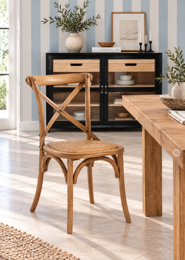 Landhaus Stuhl RITA aus Eiche mit Rattan-Sitzfläche und klassischer Kreuzlehne für Esszimmer und Küche