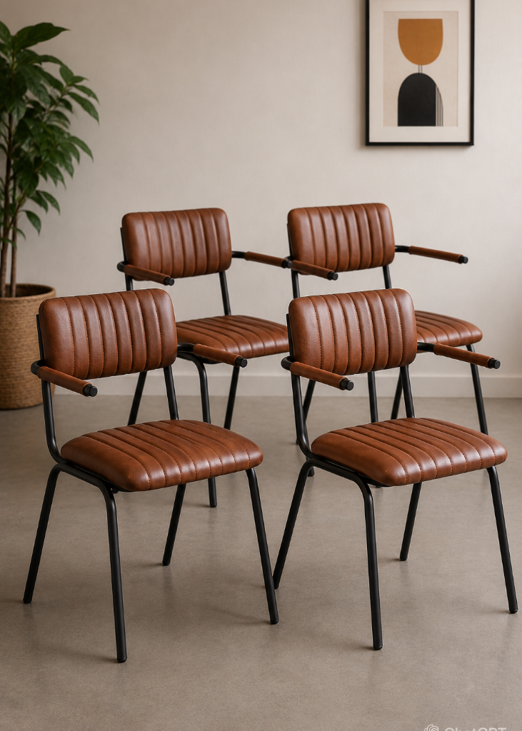 4 Diner Lederstühle mit Armlehnen aus Büffelleder im Industrial Design für Restaurant, Bistro und Esszimmer