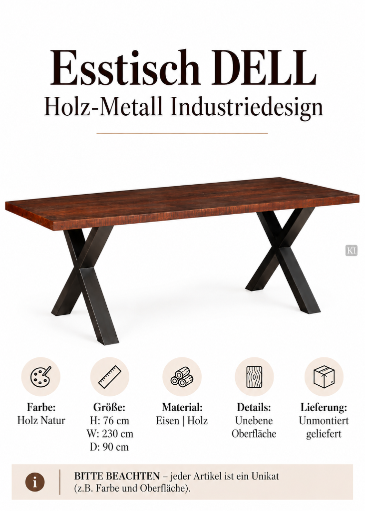 Esstisch DELL 230 cm aus dunklem Holz mit schwarzem Metall-Kreuzgestell im modernen Industriedesign