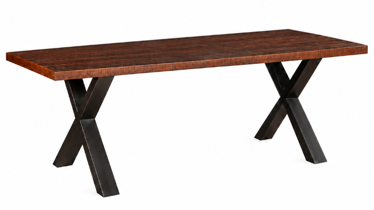 Industrial Esstisch DELL aus Holz und Eisen mit schwarzem X-Gestell und warmer dunkler Holzplatte