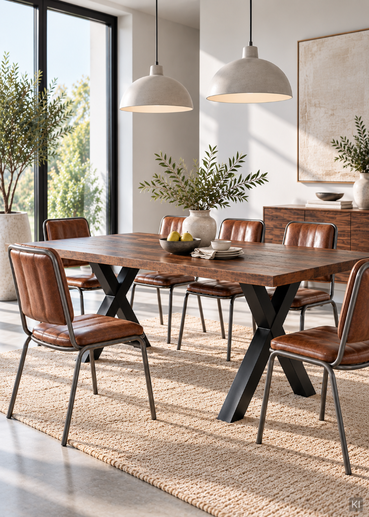 Großer Esstisch DELL im Industrial Look mit dunkler Holzplatte und schwarzem Eisengestell