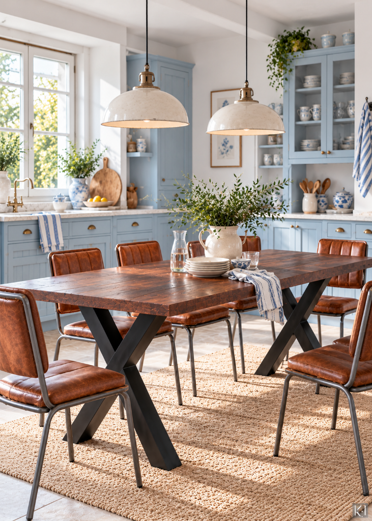 Esstisch DELL 230 cm aus dunklem Holz mit schwarzem Metall-Kreuzgestell im modernen Industriedesign in blauer Landhausküche