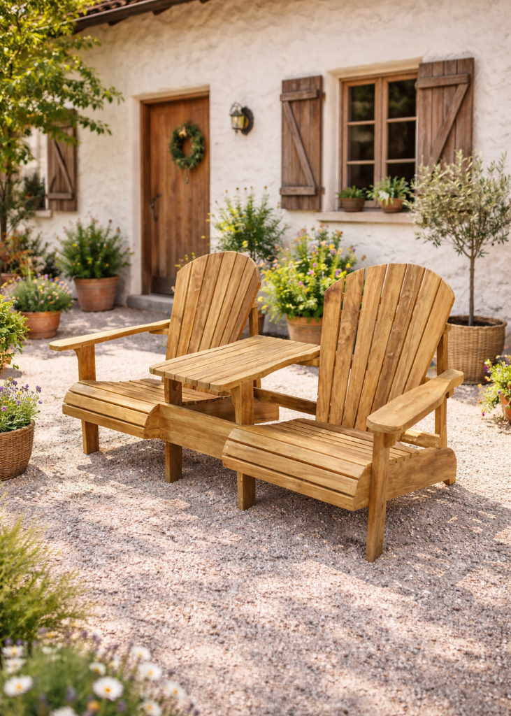 Adirondack Gartenbank Doppelbank mit Tisch aus massivem Holz für Balkon, Terrasse oder Gartenbereich