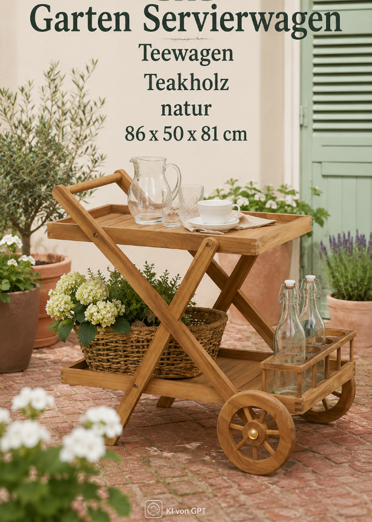 Eleganter Teewagen aus massivem Teakholz für Garten, Balkon und gemütliche Sommerabende.