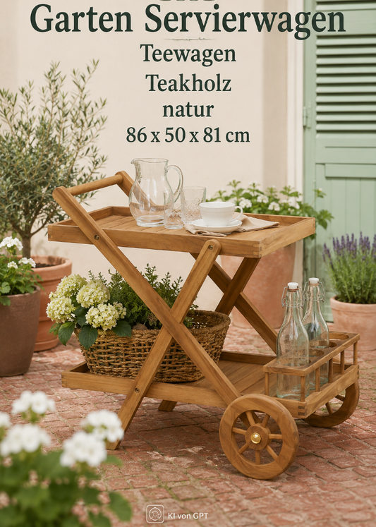 Eleganter Teewagen aus massivem Teakholz für Garten, Balkon und gemütliche Sommerabende.
