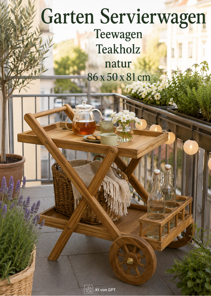 Natürlicher Teakholz Servierwagen mit Rollen als Blickfang auf dem Stadtbalkon.