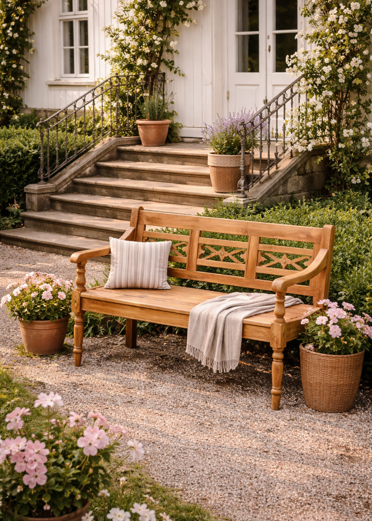 Landhaus Gartenbank 130 cm aus Teakholz – Balkonbank, Küchenbank
