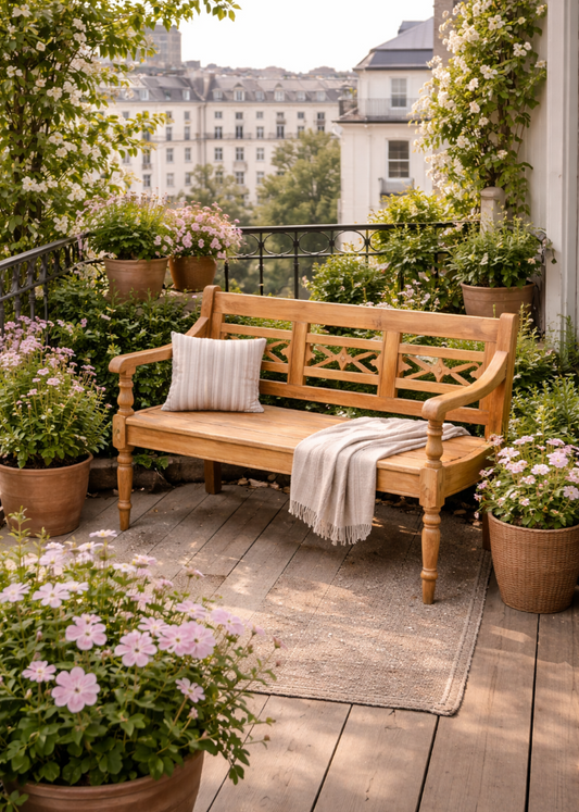 Landhaus Gartenbank 130 cm aus Teakholz – Balkonbank, Küchenbank