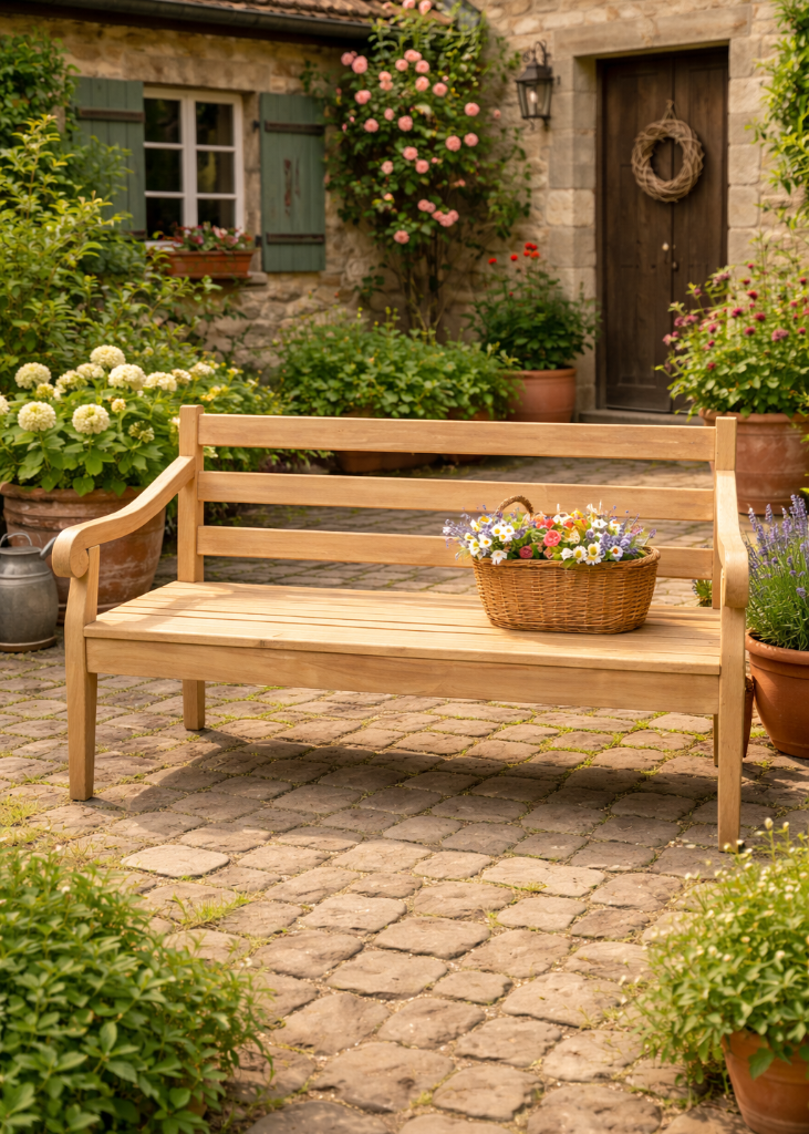 Teak Gartenbank massiv 150 cm – 3-Sitzer Holzbank Landhaus, wetterfest für Garten & Terrasse