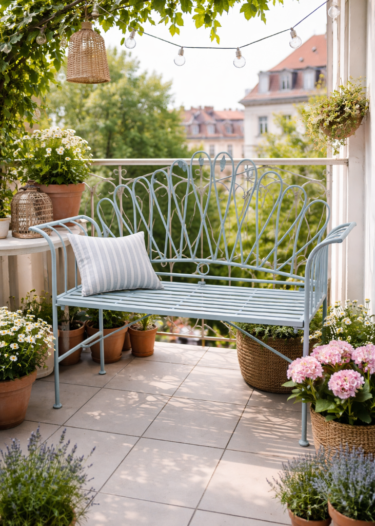 Hellblaue Metall Gartenbank LULU im Landhausstil B 124 cm