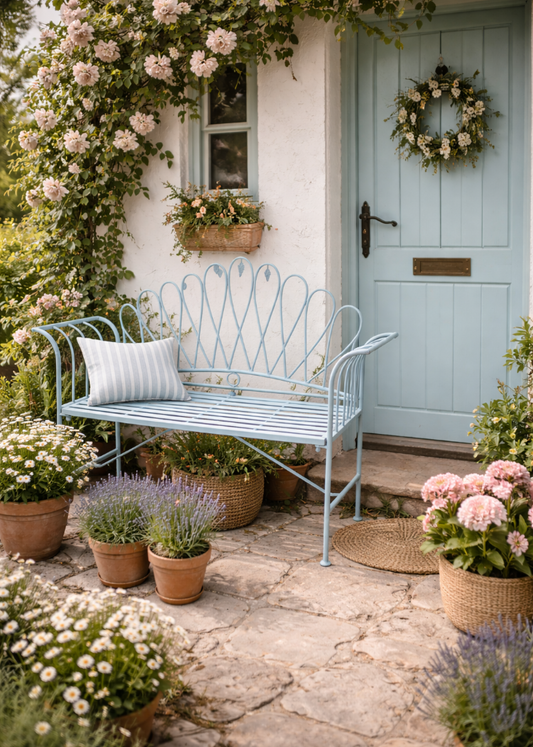 Hellblaue Metall Gartenbank LULU im Landhausstil B 124 cm