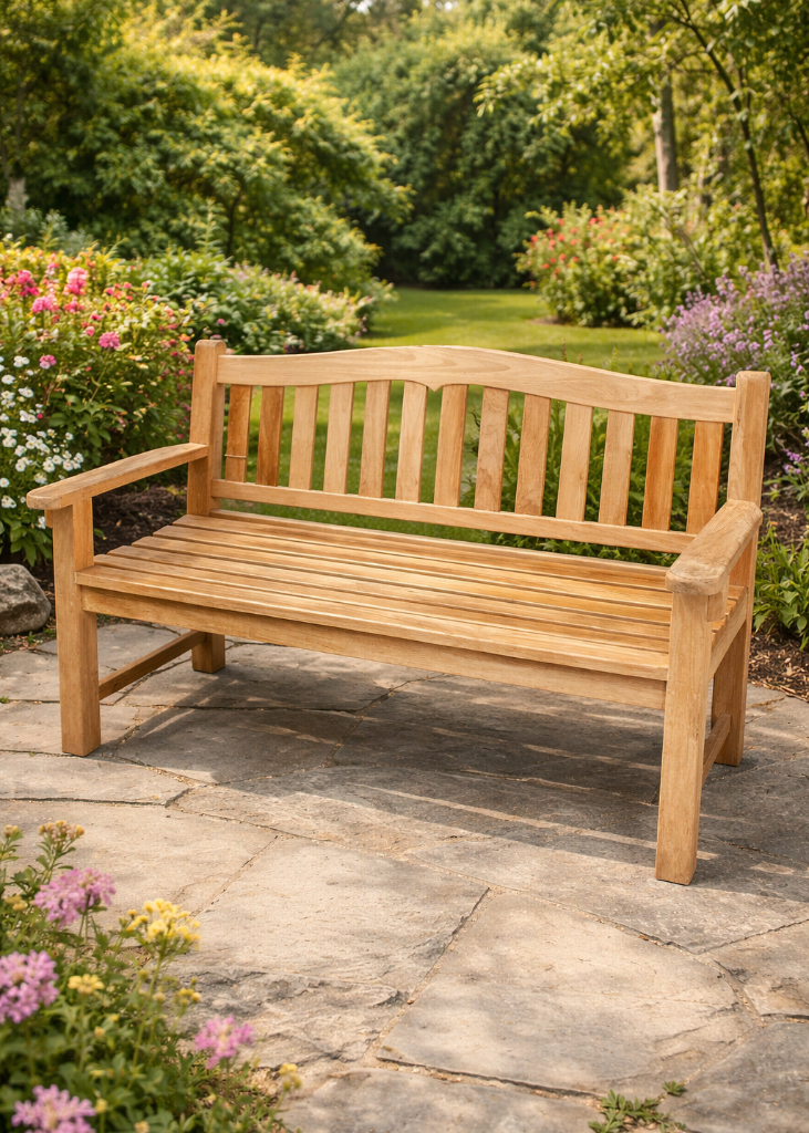 Gartenbank Teakholz 155 cm massiv mit Armlehnen wetterfest Balkonbank Holzbank Landhausstil