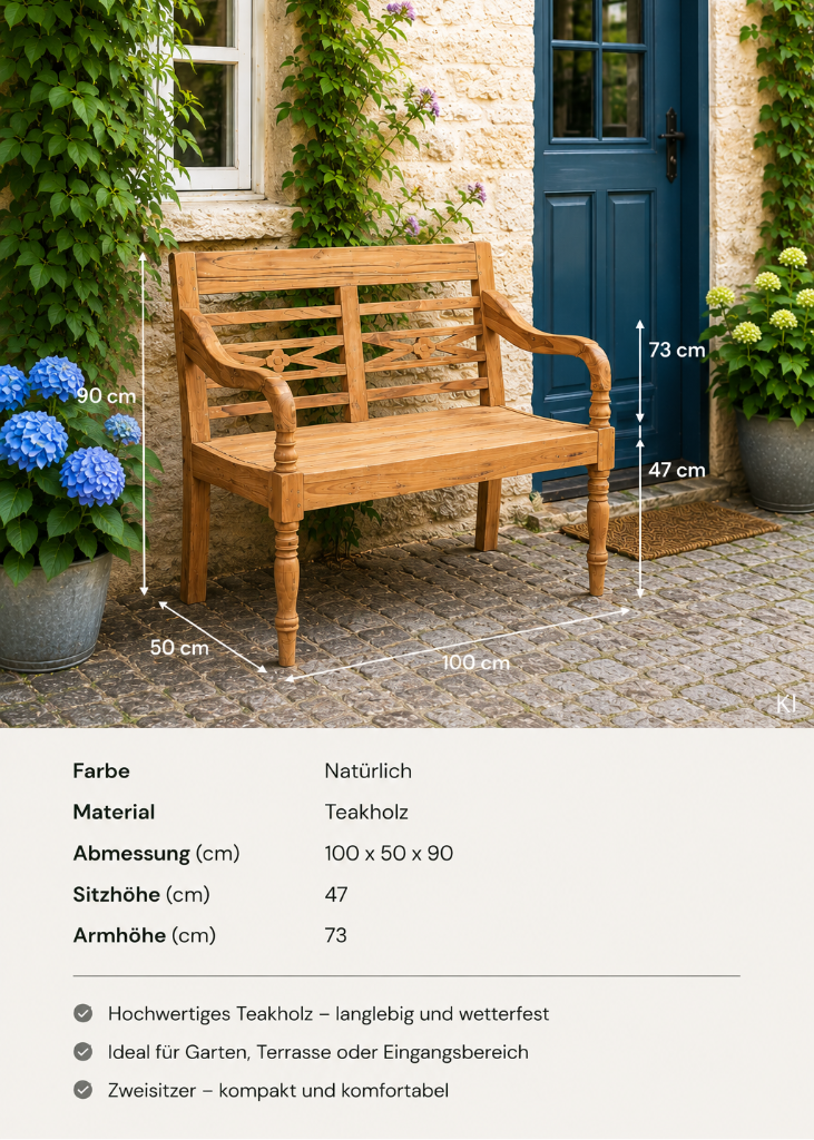 Elegante Gartenbank aus massivem Teakholz mit Armlehnen und floraler Rückenlehne als langlebige Sitzbank für Innen- und Außenbereich.