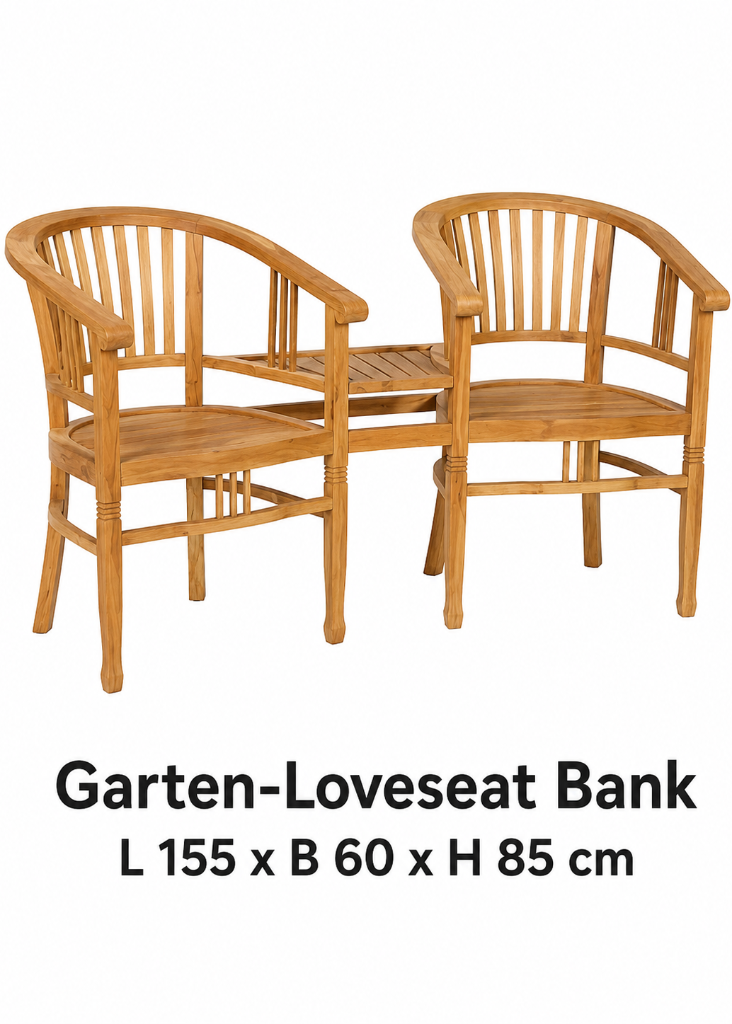 Gemütliche Loveseat Bank im Landhausstil aus massivem Teakholz mit Mitteltisch im Außenbereich