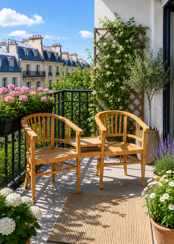 Landhaus Loveseat Gartenbank aus massivem Teakholz mit integriertem Tisch auf sonnigem Balkon