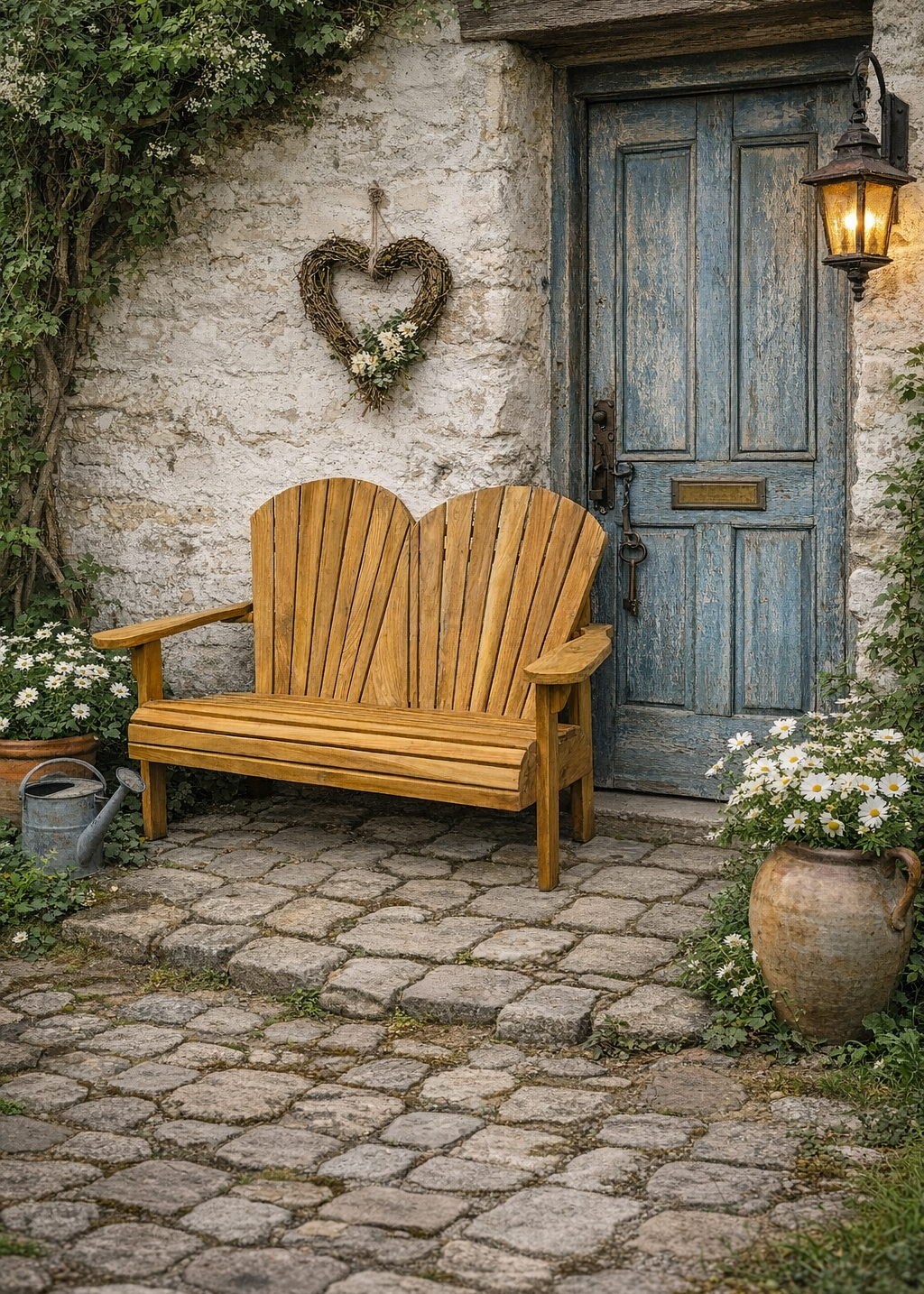 Teak Gartenbank 2 Sitzer wetterfest im Adirondack Design auf Balkon aus massivem Holz