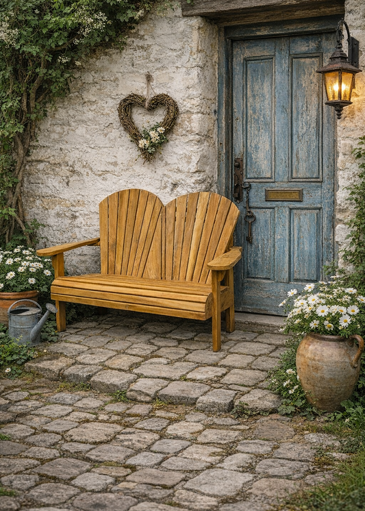 Teak Gartenbank 2 Sitzer wetterfest im Adirondack Design auf Balkon aus massivem Holz
