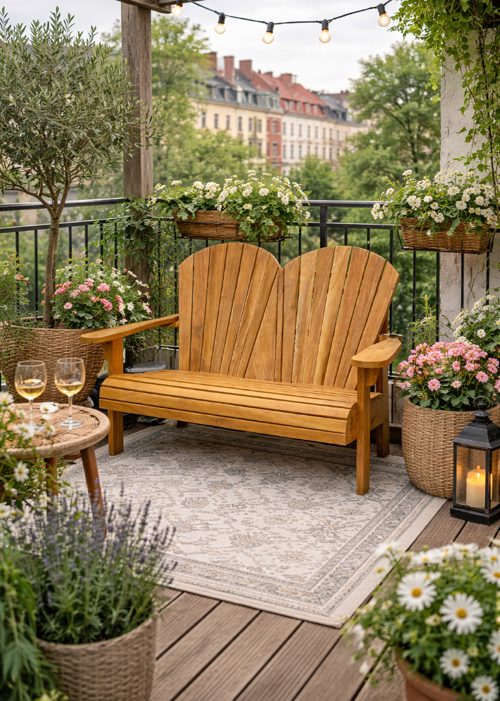 Gemütliche Teak Holzbank 2 Sitzer massiv wetterfest – ideal als Balkonbank oder Gartenbank