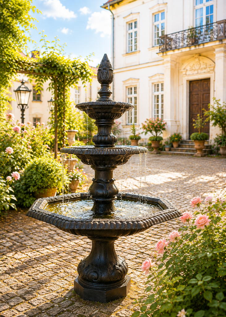 Dreistufiger Gartenbrunnen aus Gusseisen in Antik Schwarz auf gepflegtem Rasen im Rosengarten vor romantischem Gutshaus