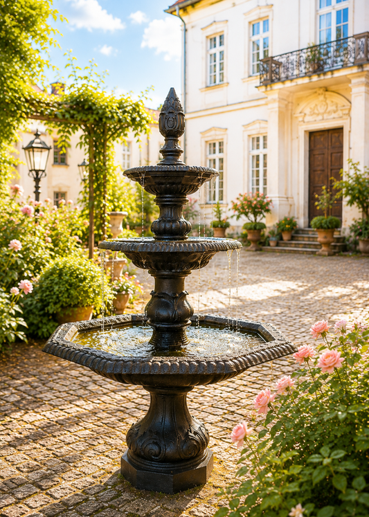 Dreistufiger Gartenbrunnen aus Gusseisen in Antik Schwarz auf gepflegtem Rasen im Rosengarten vor romantischem Gutshaus