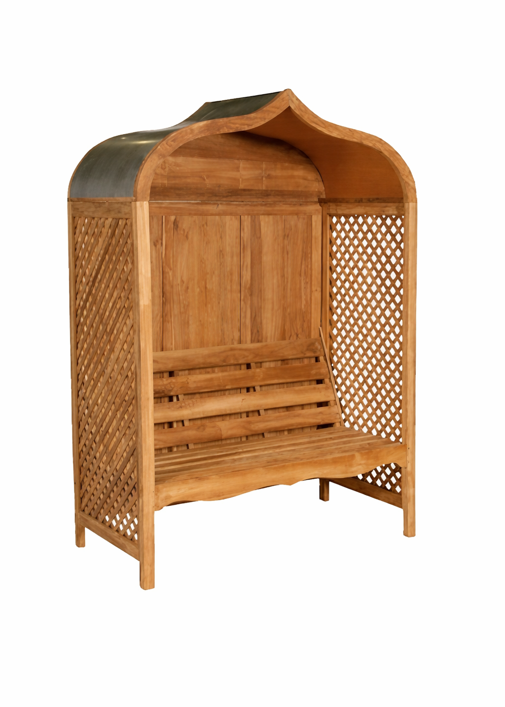 Romantische Gartenlaube Holz mit Rankgitter und 2-Sitzer Bank im Garten