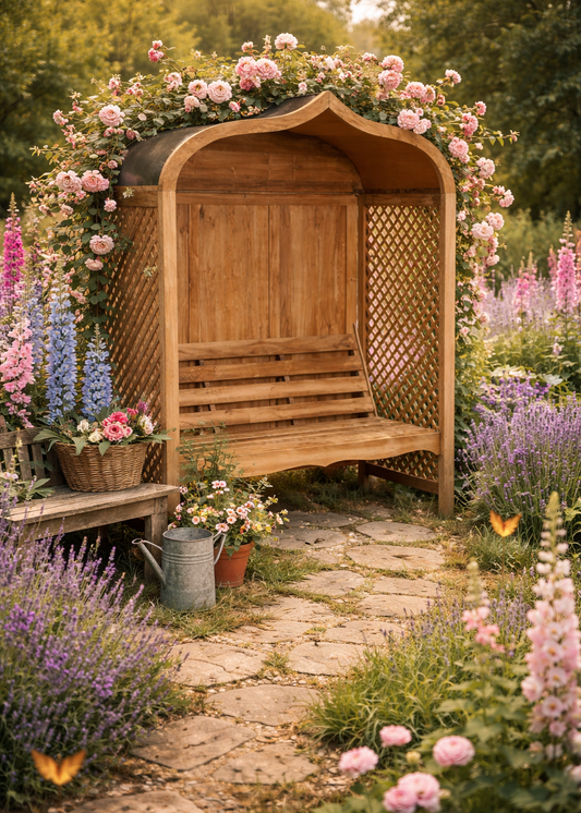 Gartenpavillon aus Holz mit Zinkdach und integrierter Sitzbank im Landhausstil