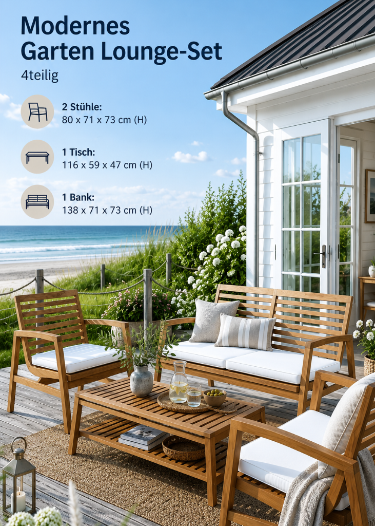 Modernes 4-teiliges Garten Lounge-Set aus massivem Teakholz mit weißen Sitzkissen auf einer Terrasse