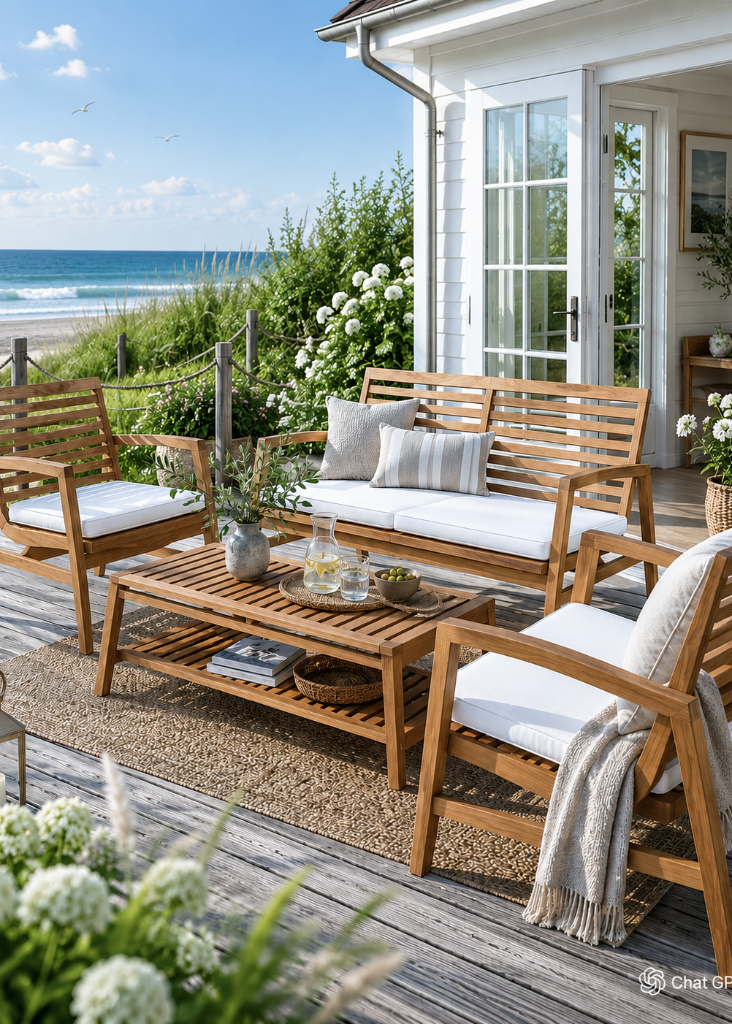 Hochwertige Garten Lounge aus Teakholz mit zwei Sesseln, Bank und Couchtisch für Terrasse und Garten.