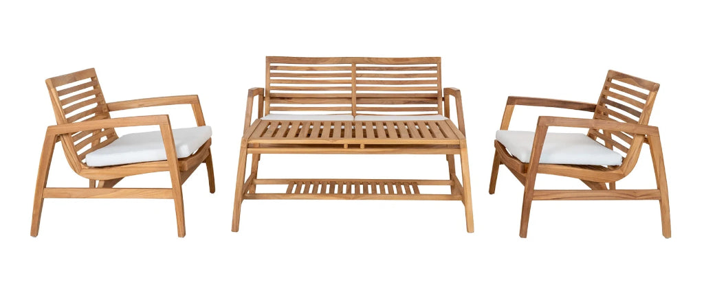 Wetterfestes Gartenmöbel-Set aus massivem Teakholz im modernen Design mit weißen Polsterkissen.