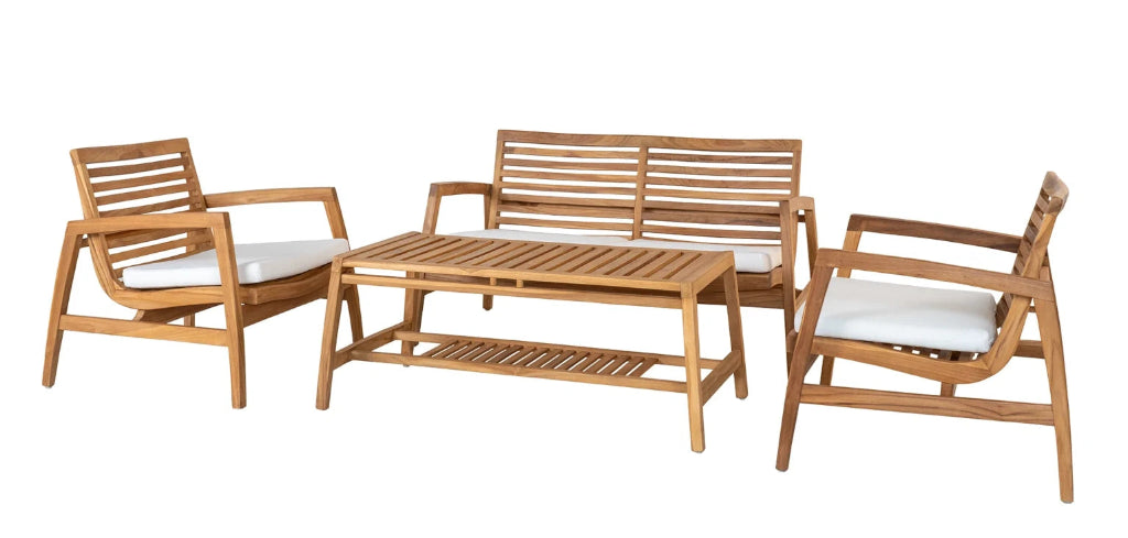 Elegantes Teakholz Lounge-Set für Balkon, Terrasse und Garten mit natürlicher Holzoptik.
