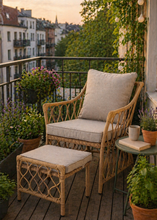 Gartensessel mit Hocker Polyrattan Natur – Loungesessel Balkon Terrasse Garten wetterfest bequem