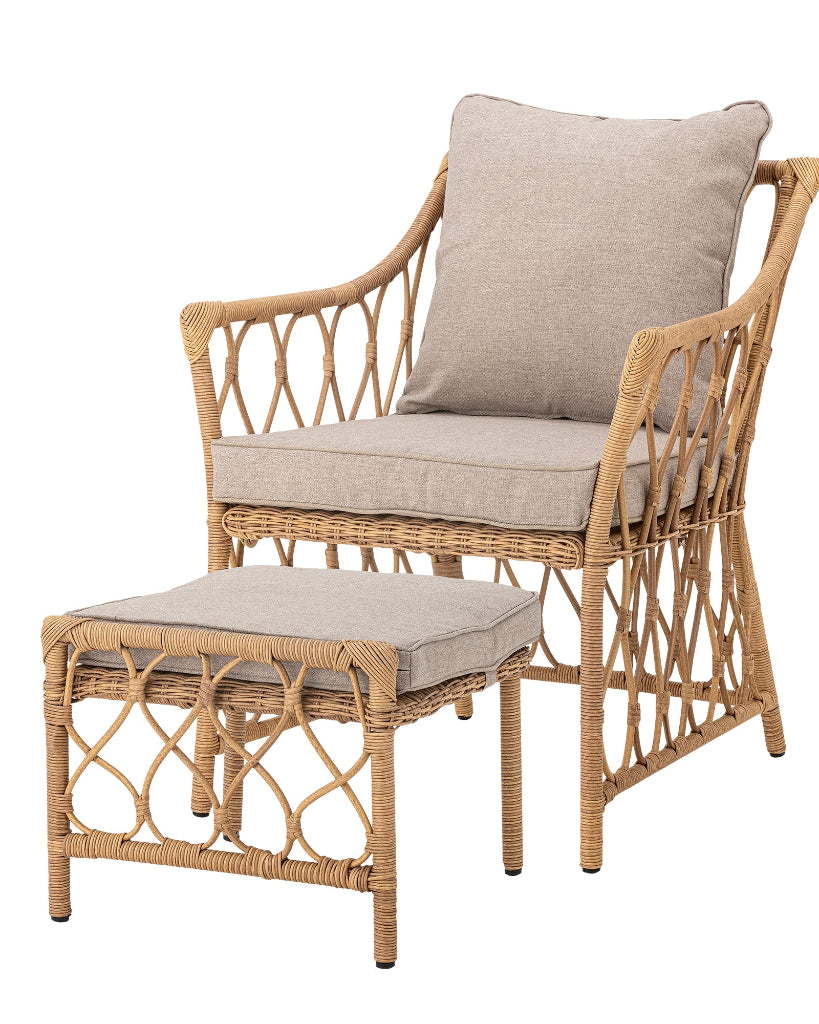 Gartensessel mit Hocker und Kissen – Polyrattan Lounge Sessel Natur für Balkon Terrasse Garten