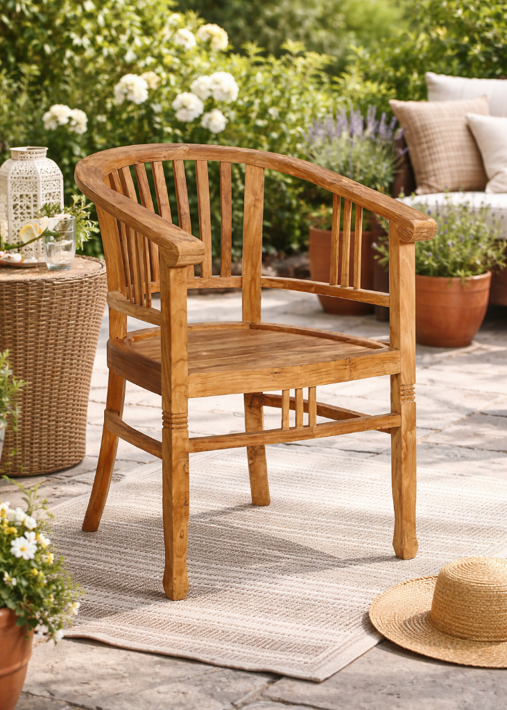 Teak Gartenstuhl rund mit Rückenlehne aus Massivholz Landhausstil stabil 10 kg für Balkon Terrasse Garten