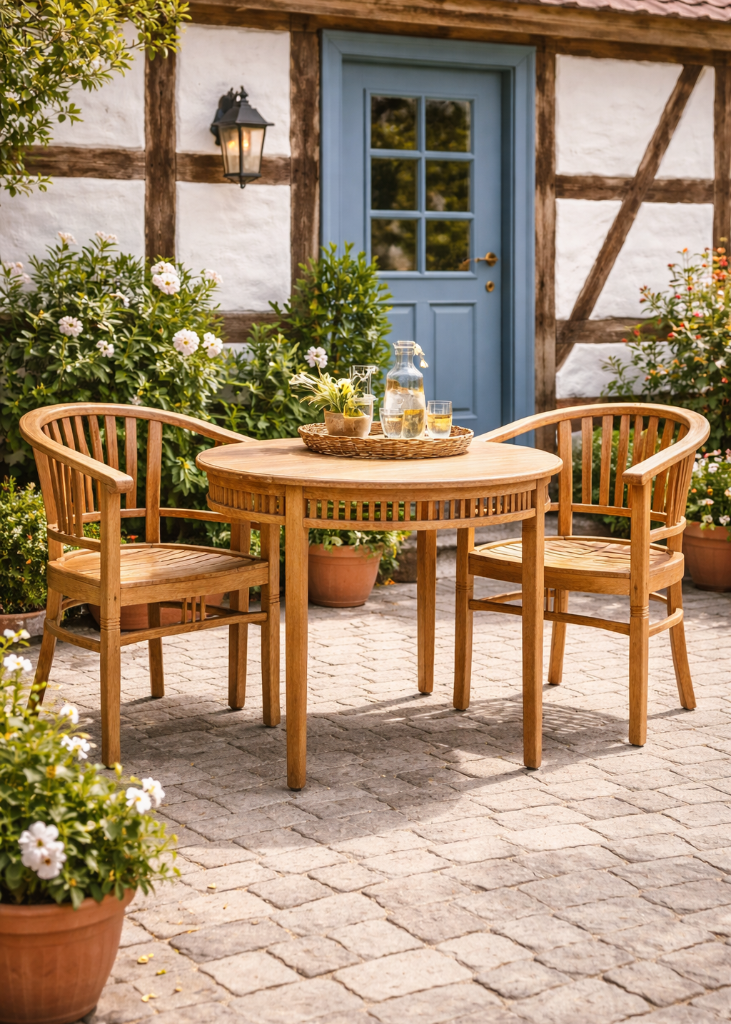 Holz Gartenstuhl Teak unbehandelt Landhausstil rund ergonomisch 60x60x85 cm wetterfest und robust