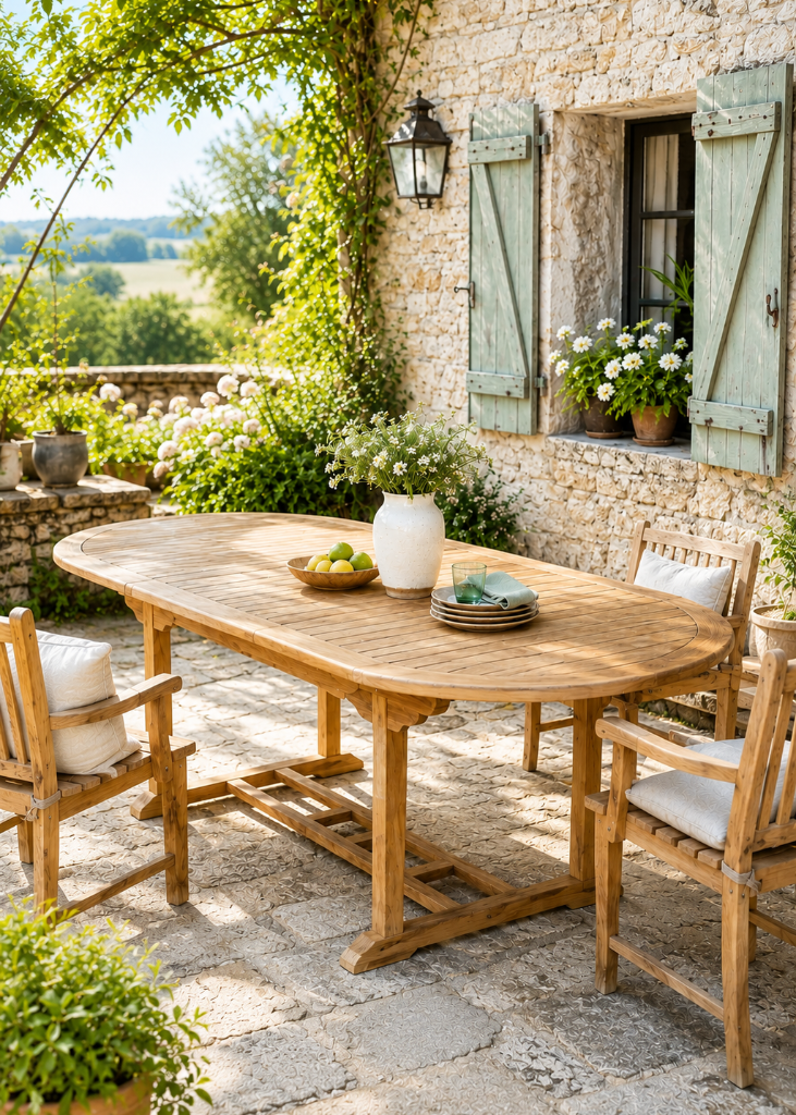 Ausziehbarer Gartentisch aus Teakholz im Landhausstil für Terrasse und Garten